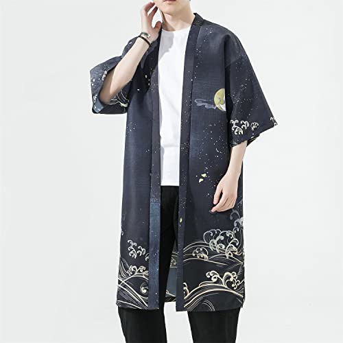 Image of Seidarise Men's Haori, Long Kimono Cardigan Jacket Japanese Style Flying Crane Seven Sleeves Open Front Coat