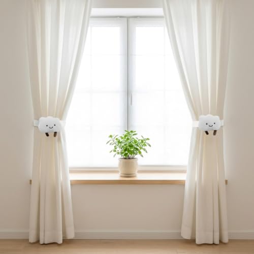 Image of HASTHIP 2pcs Cartoon Cloud Curtain Tiebacks Adjustable Snap Fit | Cute 3d plush design, flexible binding decor for kids bedroom nursery window curtains