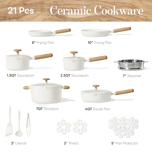 Image of CAROTE Ceramic Cookware Set Nonstick, 21pcs Pots and Pans Set Nonstick, Non-Toxic & PFAS-Free, Dishwasher, RV /Camping Cookware Set, Cooking Pots with Lids, Charcoal Black, Cream