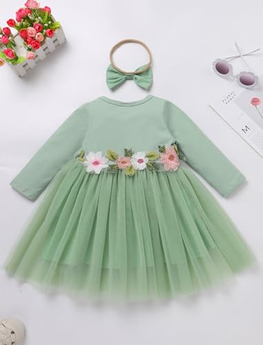 ODASDO Baby Girls First Birthday Outfit Cotton Long Sleeve Tulle Tutu Princess Dress with Bowknot Headband Set3