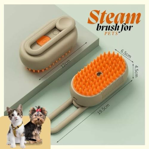 Image of 3-in-1 Steam Pet Brush for Cats & Dogs - Self-Cleaning Grooming Comb with Spray Mist, Massage & Shedding, Rechargeable USB, Anti-Static, Foldable Handle - Kakhi