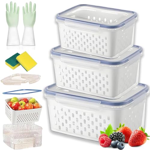 4 in 1 Food Storage Container with Lid, 2026 New Fruit Storage Containers for Fridge, Transparent Produce Storage Box with Drain Basket & Removable Colander for Salad Berry Vegetables (Blue, S/M/L)