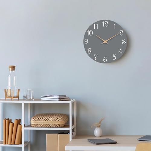 Image of Mosewa Wall Clock Silent Non Ticking Decorative for Bedroom Bathroom Office Living Room Battery Operated Gray Wood Modern Simple(10 Inch)