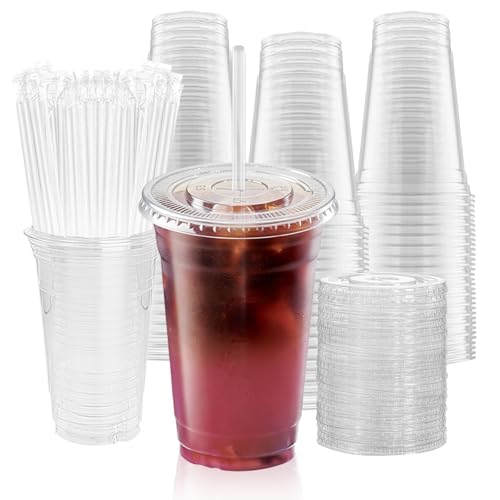 cundao 20oz Clear Plastic Cups with Lids and Straws (50 Pack), Disposable Iced Coffee Cups for Milkshake Smoothie and Cold Drinks, to Go Cups for Party, Home and Sport