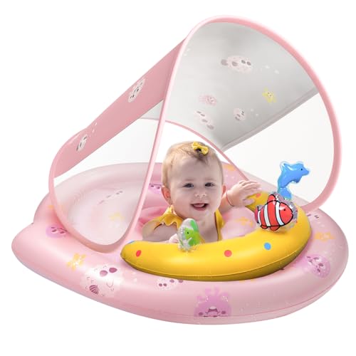 Image of Baby Pool Float - Inflatable Infant Pool Float with Canopy UPF50+ Sun Protection - Baby Swimming Float Toy Play Console for 6-36 Months Toddler-Pink