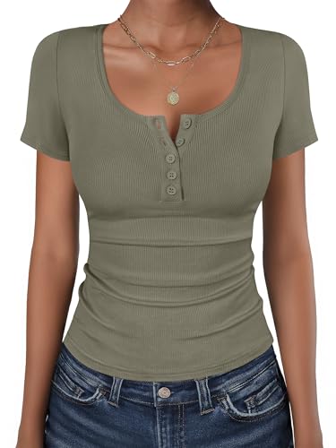 ANRABESS Womens Short Sleeve Henley Shirts 2026 Summer Slim Fit Work Tops