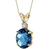 Peora London Blue Topaz with Genuine Diamond Pendant in 14K Yellow Gold, Elegant Solitaire, Oval...