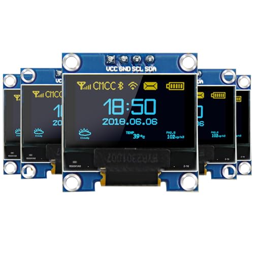 Image of 5 Pcs 0.96 Inch OLED Display Module, 128x64 Pixel I2C SSD1306 Luminous OLED Screen Board Compatible with Arduino Raspberry Pi ESP32(Blue and Yellow)