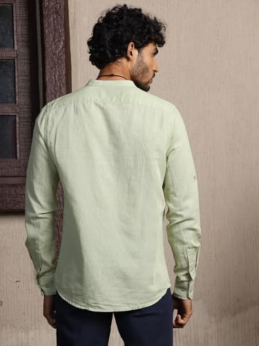 Image of Thomas Scott Men's | Solid | Full Sleeve | Slim Fit | Linen Blend | Mandarin Collar | Casual Shirt