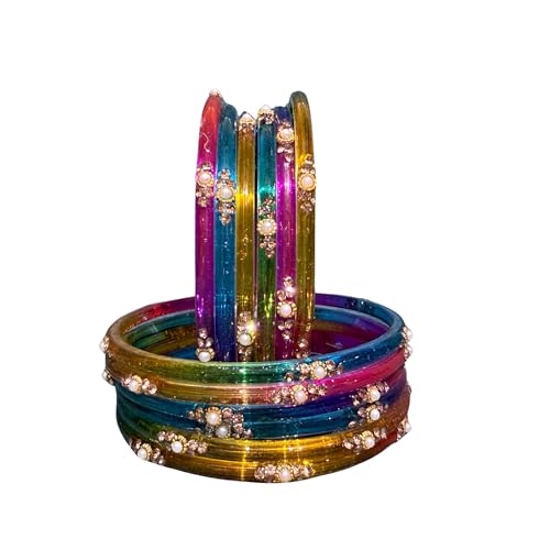 Image of SUNDRAM Women's Premium Fancy Glass Bangles for Women & Girls |with Zircon Gemstone Work & Charm| Traditional Ethnic Bangles Set of 12