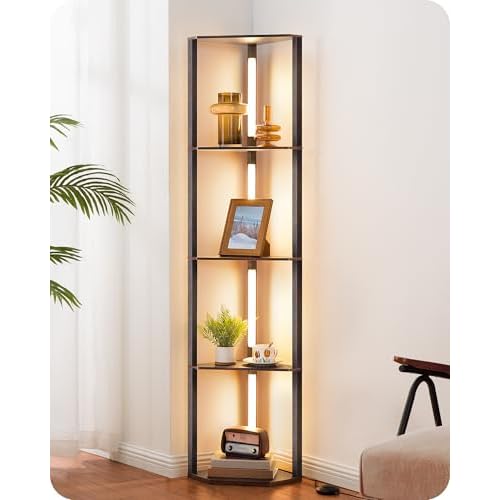 EDISHINE 64" Corner Shelf Floor Lamp for Living Room, Modern LED Corner Light with Shelves, 3CCT, Stepless Dimmable Tall Floor Light for Bedroom, Office, Dining Room, 3000K 4000K 5000K, Blac