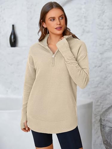 PRETTYGARDEN Womens Long Sleeve Quarter Zip Pullover Sweater Casual Loose V Neck Collared Ribbed Knit Jumper Tops Thumb Hole - Image 3