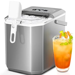 ZAFRO Countertop Ice Maker,Portable Ice Machine with Carry Handle,Self-Cleaning,Basket and Scoop,9 Cubes in 6 Mins,26.5lbs/24Hrs,2 Sizes of Bullet Ice,for Home,Kitchen,Party,Grey
