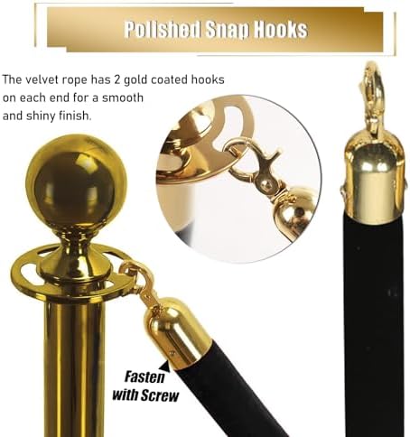 Black Stanchion Rope with Gold Clasps - Heavy-Duty Crowd Control Safety Barrier, VIP Party Queue Divider with Snap Hooks for Events & Grand Openings Decor