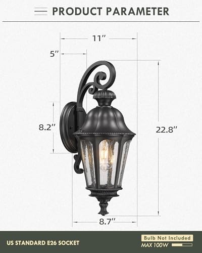 Image of Outdoor Wall Sconce, HWH 23'' Large Exterior Wall Lights with Seeded Glass, Wall Lamp Waterproof Antique Wall Lantern for Porch Patio Garage Entryway, 5HW90B-M BK