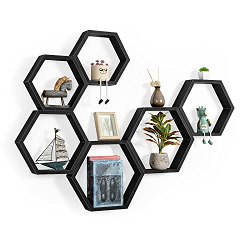 YBING Solid Wood Black Hexagon Shelves