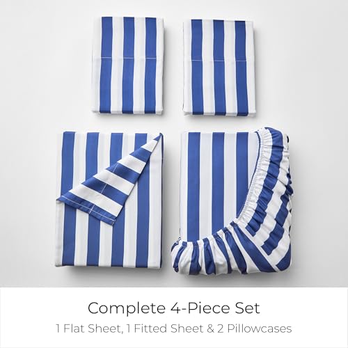 Image of Mellanni Queen Sheets Set - 4 PC Iconic Collection Bedding | Hotel Luxury, Extra Soft, Cooling Bed Sheets - Wrinkle, Fade, Stain Resistant (Queen, Oxford Stripe Blue Nova)