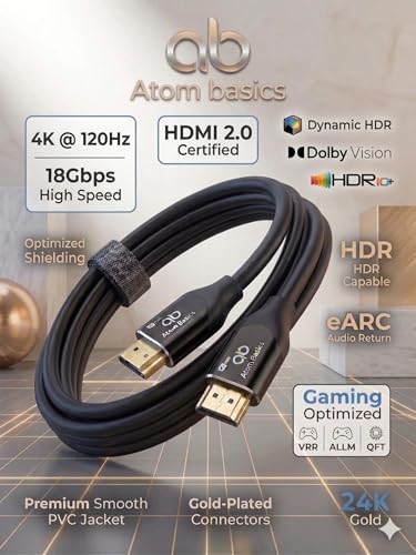 Image of Atom Basics 1.8m High-Speed HDMI Cable 2.0 | 4K 120Hz 18Gbps HDR | Ultra HD 2160p Gold-Plated Cord for PS5, Xbox Series X, PC Monitor, Apple TV, Laptop, Soundbar, Projector