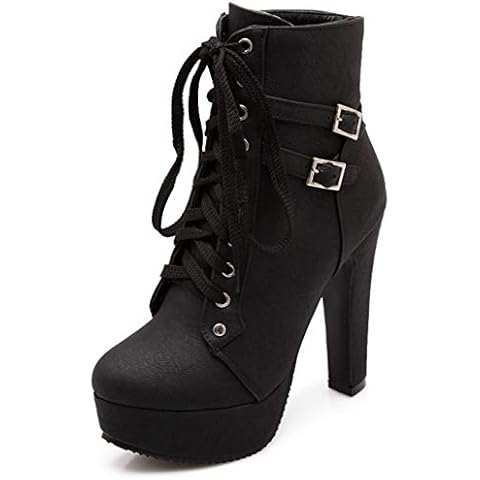 Susanny Women Autumn Round Toe Lace Up Ankle Buckle Chunky Drag High Heel Platform Black Boots 9 US (CN Size_41) Cover