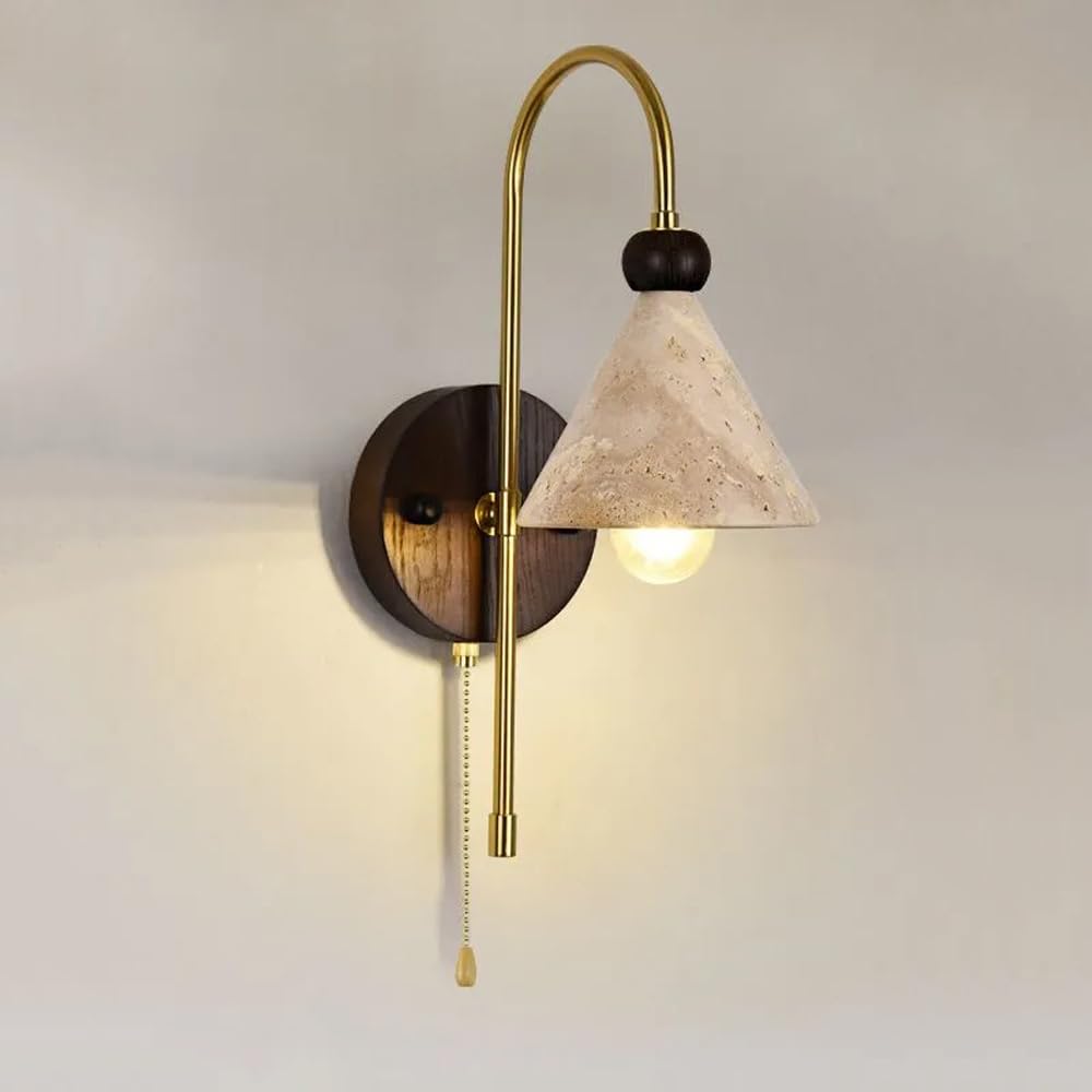 HUAYUSEDF Nordic Wood Wall Sconce with Pull Switch Vintage Natural Stone Hallway Light Fixture Modern Yellow Travertine Farmhouse Lighting Bedroom Mounted Lamp for Living Room Aisle