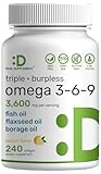 Triple Omega 3-6-9 Fish Oil Supplements 3,600mg – 240 Softgels with Flaxseed Oil & Borage Oils Complex – High EPA + DHA – Burpless Pills, Lemon Flavored, Wild Caught – Heart, Joint, & Brain Support
