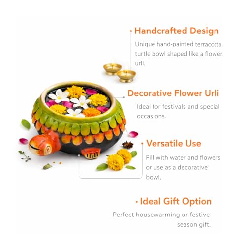 Image of Hand-Painted Terracotta Bowl - 7 inch Decorative Urli Centerpiece with Turtle Design, Perfect for Home & Garden, Ideal for Floating Candles & Flowers
