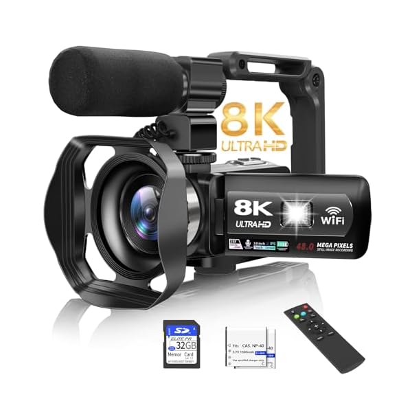 Video Camera, 8K Camcorder 48MP 15FPS UHD WiFi Vlogging Camera with IR Night Vision for YouTube, 3″ Touch Screen 18X Digital Zoom, with Fill Light, Mic, Stabilizer, Lens Hood, Remote and 2 Batteries