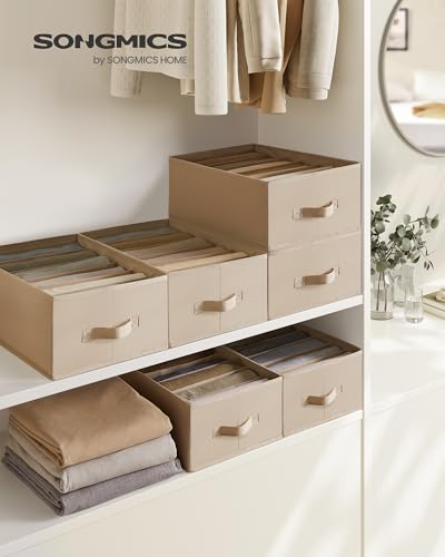 Image of SONGMICS Set of 4 Large Size Wardrobe Clothes Organizers, Sand Beige | 6-Compartment Foldable Drawer Organizers with Handles, 16.5 x 11.8 x 6.7 Inches, for Pants, Sweaters, Jeans URUS009K01