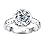 Raivari Moissanite Engagement Rings,2 CT Bezel Setting Round Lab Created Diamond Solitaire Promise Rings in 14K White Gold Plated Sterling Silver, Anniversary Rings for Women7.5