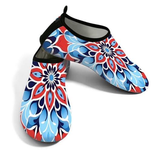 Zapatos de agua con patrón de flores de mandala azul y rojo para mujeres y hombres, zapatos de natación de secado rápido con suela de TPR antideslizante, calcetines ligeros para playa, piscina, surf