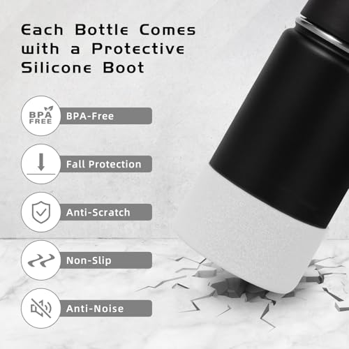 Volhoply 14oz KIds Insulated Stainless Stee Water Bottle with Straw Lid and Silicone Boot,BPA-Free Easy Use for Boys&Girls,Double Wall VacuumLeakproof Bottles(Black,1)
