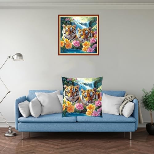 Image of Fanxvivy Stamped Cross Stitch Kits for Adults Beginners Pillow Needlepoint Kit with Embroidery Pattern Needlework Kit Prestamped Stitches Kit 11CT Cross Stitching-Flower Tiger 18x18 inch