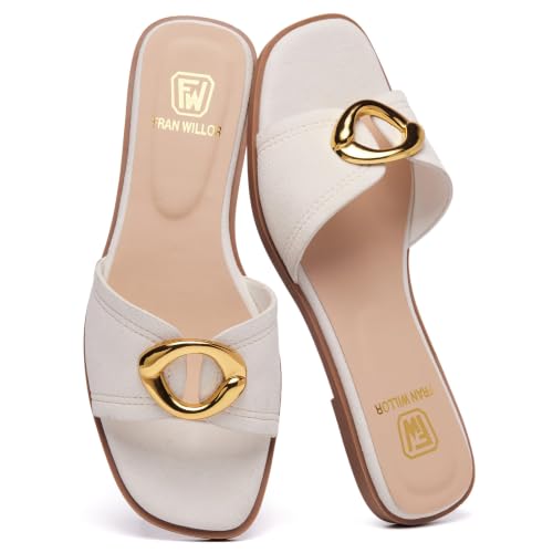 FW FRAN WILLOR Women's Metal Decorated Flat Sandals Fashion Square Open Toe Summer Beach Dressy Slip On Slide Sandals