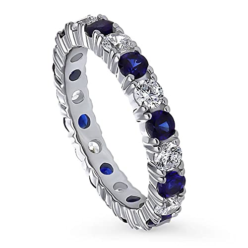 BERRICLE Sterling Silver Wedding Rings Simulated Blue Sapphire Round Cut Cubic Zirconia CZ Anniversary Eternity Ring for Women, Rhodium Plated