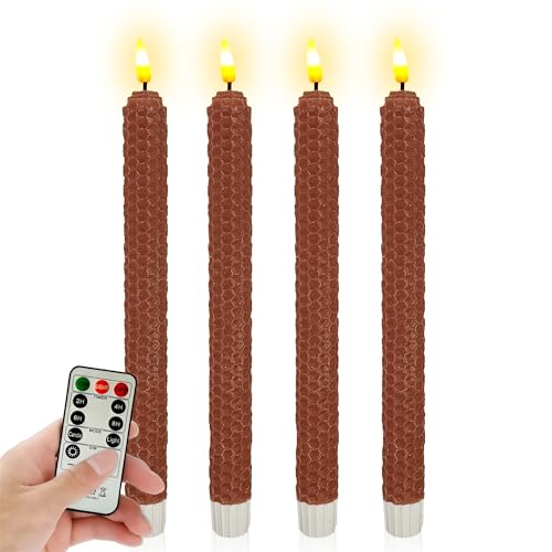 Image of Flameless LED Taper Candles with Remote & Timer - 9.5 inch Brown Hand Rolled Beeswax Honeycomb Candlesticks Flickering Battery Operated Window Candles for Wedding Mother's Day Home Decor,4 Pack