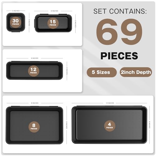 【More Larger Size】A-LUGEI【69Pcs】【5 Size】 Tool Box Organizer Tray Divider Set, 【Black】 Desk Drawer Organizer, Garage Organization and Storage Toolbox for Rolling Tool Chest Cart Cabinet WorkBench Parts