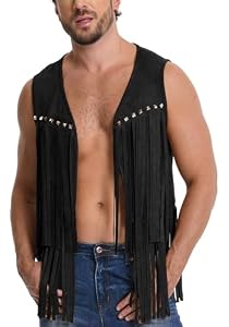 Ausing Homme Gilet en Daim Cowboy Gilet à Frange Hippie Noir XL Manteaux Western sans Manche Manches pour Homme Veste Cosplay Faux Daim Court Blouson Suède Vintage Mode Cardigan Années 70 Retro Chic