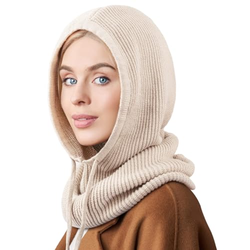 NALACAL Winter Hats Balaclava Knit Beanie with Adjustable Drawstring Warm Hooded Scarf Skull Cap - One Size (Beige)