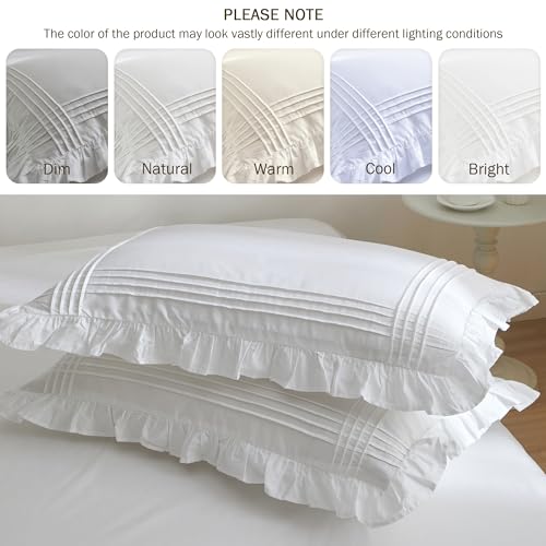 Ranznaz Ruffled Pillow Shams King Size Set of 2, 100% Cotton White Ruffle Pillow Cases with Pintucks, Farmhouse French Shabby Chic Pillowcases for Bedding, 20x36 Inch - Thumbnail 6