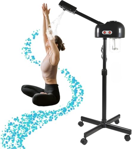 HuKaiL Vaporizador facial de pie, 42 ℃ máquina de vapor facial multifunción con boquilla giratoria de 360 ° y ruedas, dispositivo de vapor facial profesional altura ajustable para salón y hogar