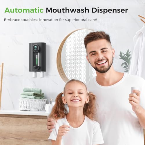 Image of Automatic Mouthwash Dispenser 18.26 oz Touchless Mouthwash Dispenser for Bathroom Magnetic Cup USB Rechargeable and 3 Dispensing Levels with Led Screen Wall-Mounted or Countertop Use-Black 2Pack
