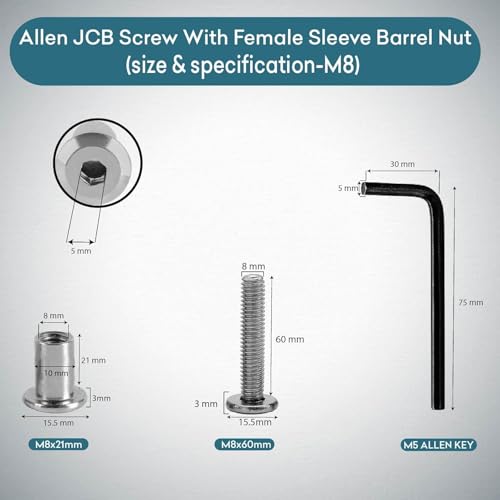 Image of Rely⇒VP INDUSTRIES (Combo Set -15 Pcs) M5x10 mm Allen JCB Screw with M5x10 JCB Female Sleeve Nut With Allen Key 1 Pc | Fastener for Joining Wood Boards, Cabinets, Cupboards, Chairs & Beds