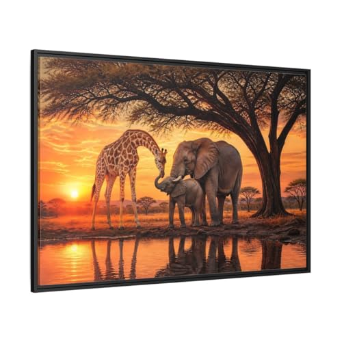 Toile safari haut de gamme cadre noir girafe éléphant coucher de soleil 3cm