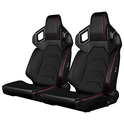 BRAUM Alpha X Series Racing Seats – Black Leatherette and Red Stitching – Reclining Bucket Seats with Carbon Fiber Backing – Set of 2 (BRR5-BKRS)