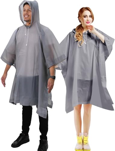 ANYOO Poncho de lluvia impermeable para adultos, paquete de 2 capas de lluvia reutilizables de PEVA con capucha con cordón para festivales, camping, senderismo, viajes, talla única, gris, Altoa única