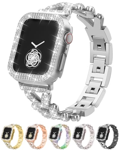 Rhinestones Encrusted Metal Bracelet and Case Compatible with Apple Watch Bands 38mm-49mm (Series 11/10/1/SE/Ultra 2)- Bling Gold Womens Jewelry Strap Luxury iWatch Bracelet with Screen Protector