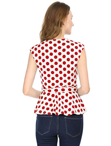 Allegra K Women's Summer Sleeveless Elegant V Neck Self Tie Front Polka Dots Wrap Top Medium White Red #TOP4