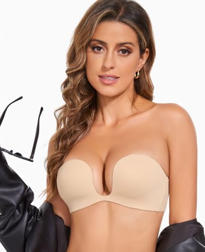 YANDW Plunge Strapless Push Up Bras for Women Padded Non Slip Deep U Shape Low Cut Convertible Seamless Bra Underwire3