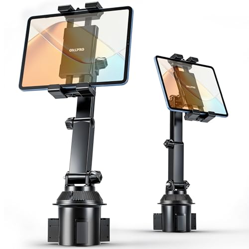 OHLPRO Car Cup Holder Tablet Mount for Truck & SUV Heavy Duty iPad Holder for Car with Thick Case Friendly Deep Claws 2.6-3.9 Expandable Base & Adjustable Extension Arm Fits 5-17 Devices Black