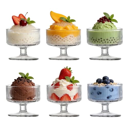 MYKAGS 6 PCS Vintage Glass Dessert Bowl Ice Cream Cup, 6 Ounce Retro Glass Bowls Parfait Cups Perfect for Ice Cream Desserts Fruits Puddings Snacks and Condiments, Ideal for Parties and Entertaining